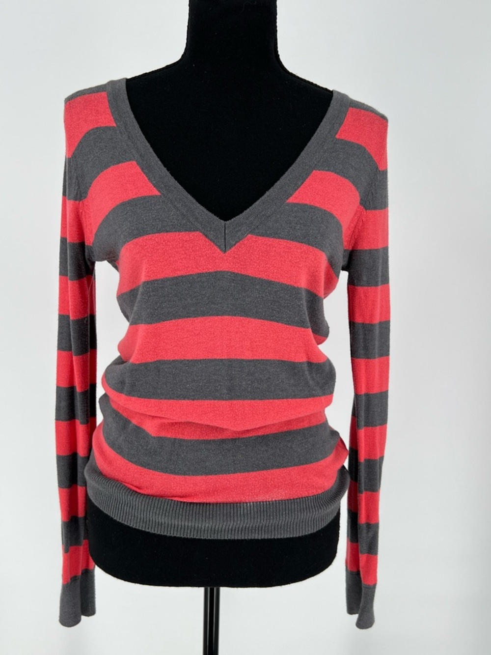 Forever 21 Coral and Gray Striped V-Neck Sweater